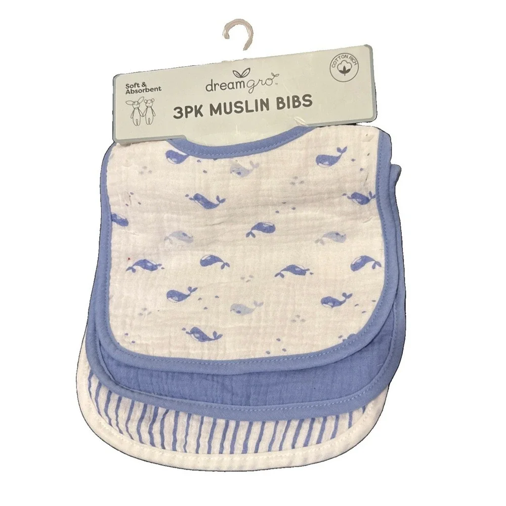 NWT Muslin 3 Pack Nautical Baby Bibs Absorbent Whales Stripes & Solid DreamGro